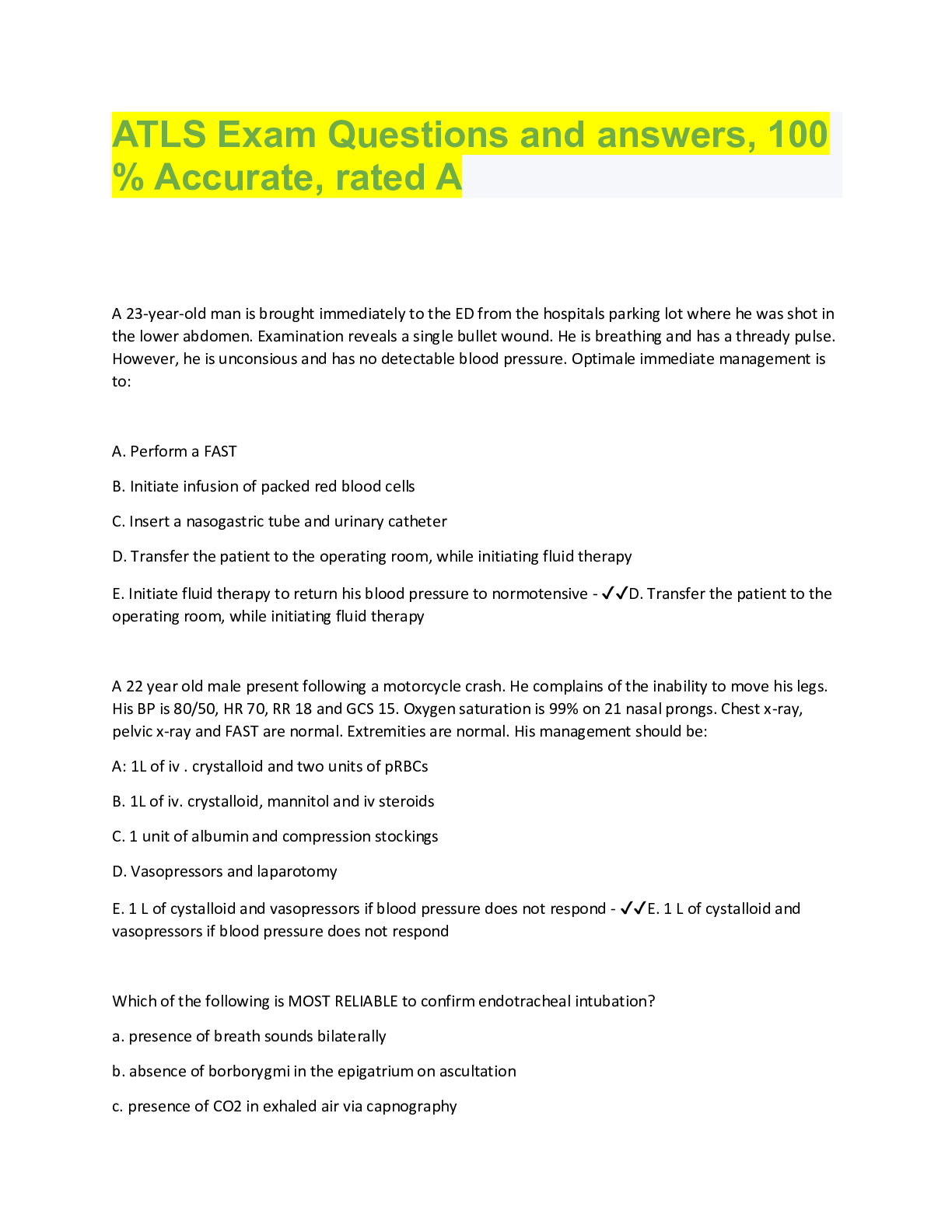 Preview image for ATLS Exam Questions and answers, 100  % Accurate, rated A